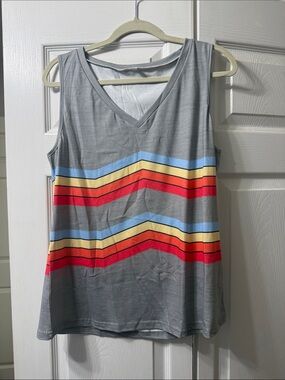 Women's V-Neck Striped Tank Top - Gray with Red, Blue & Yellow Stripes